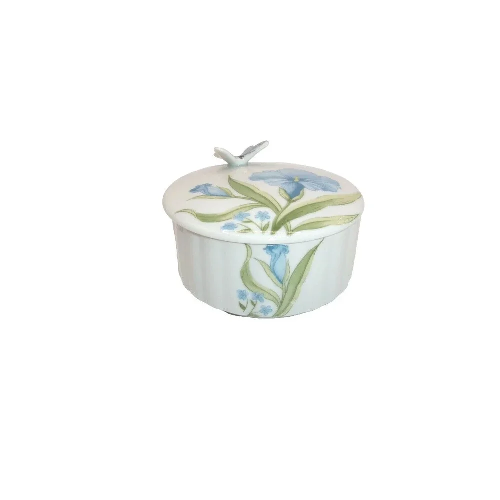 Butterfly Floral Trinket Jewelry Box w/ Lid Hibiscus Flower Blue Green Vtg Japan
